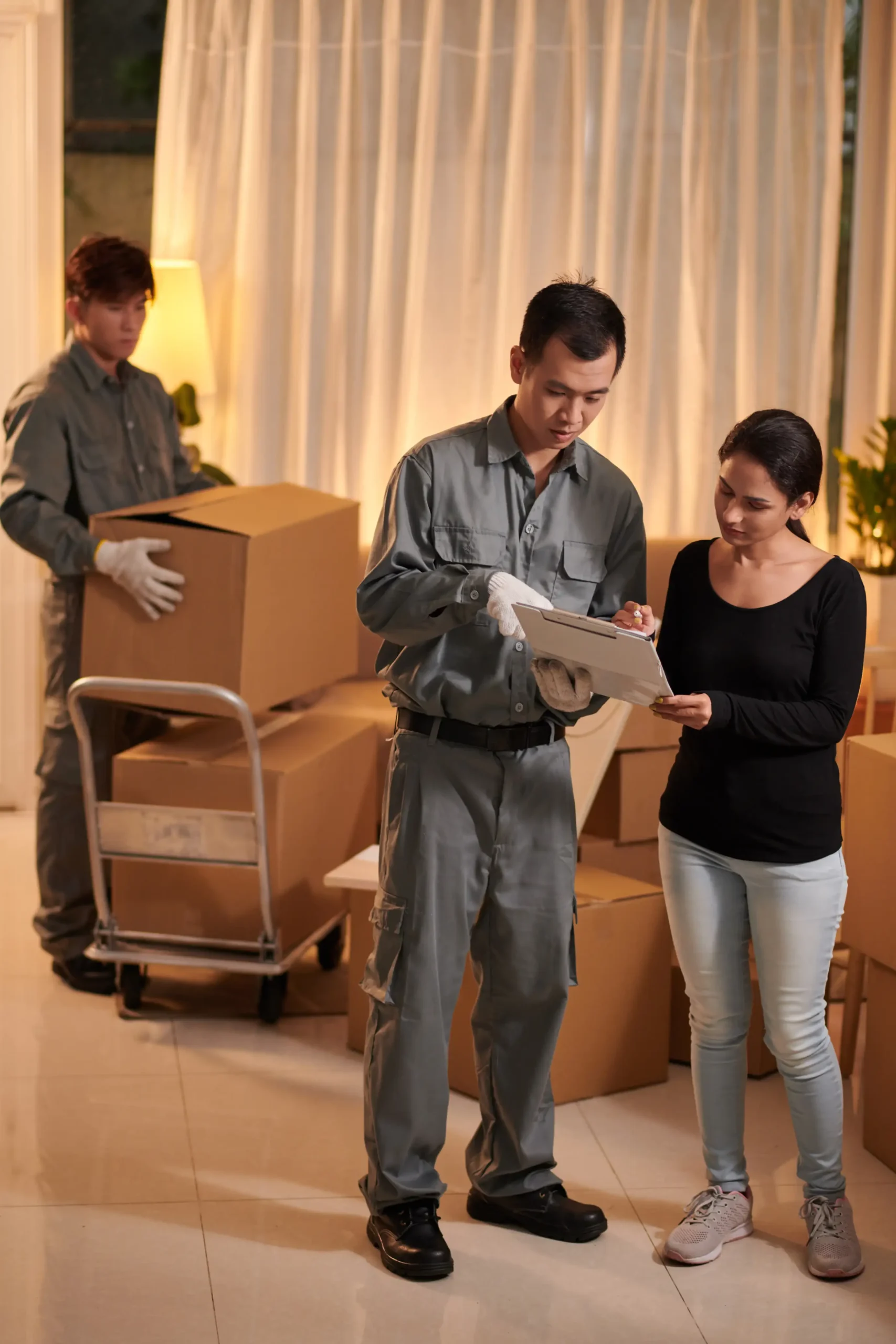 Licensed movers reviewing insurance forms with a customer.